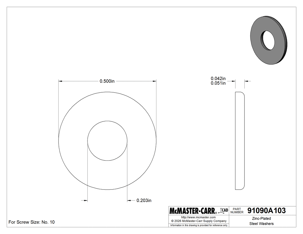 Technical Drawing of Zinc-Plated Steel Washers, Undersized, for Number 10 Screw Size, 0.500" OD.